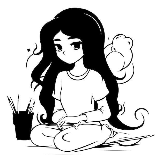 Vector cute little girl with long hair sitting on the floor and drawing vector illustration