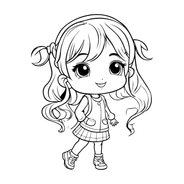 Cute little girl with long hair Vector illustration for coloring book