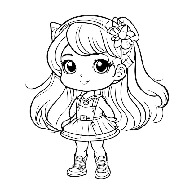 Cute little girl with long hair Vector illustration for coloring book