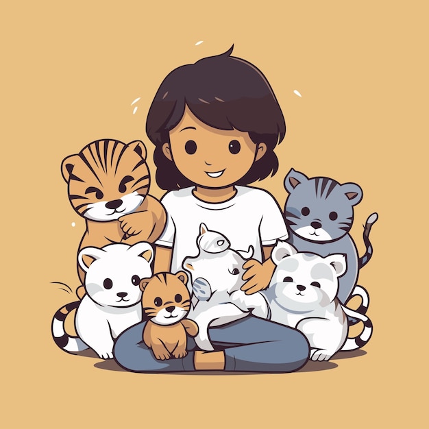 Милая девочка с большим количеством кошек и собак Векторная иллюстрация