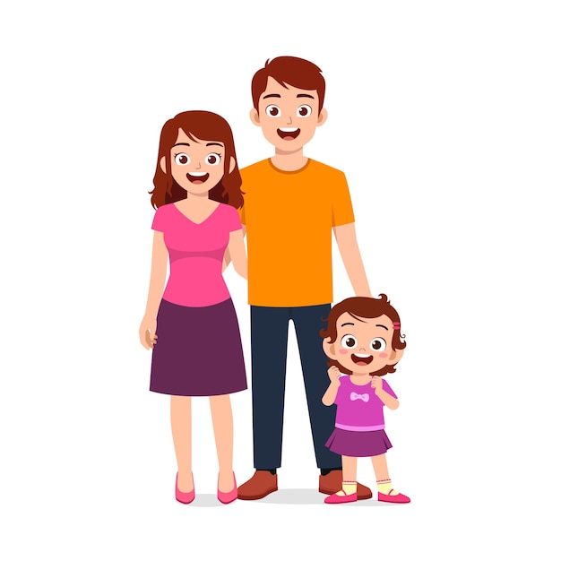 Vector cute little girl with mom and dad together