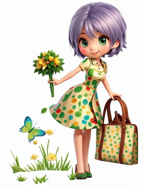 Cute little girl with purple hair and green dress vector