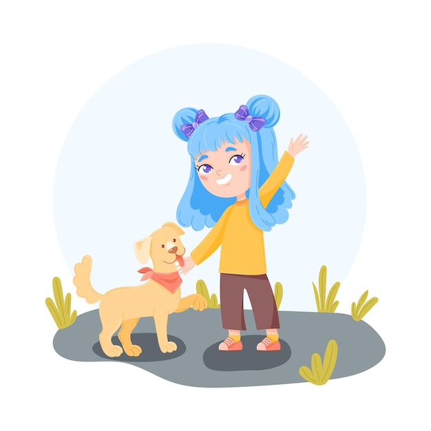 Cute little girl with Side Buns hairstyle color blue with a yellow dog