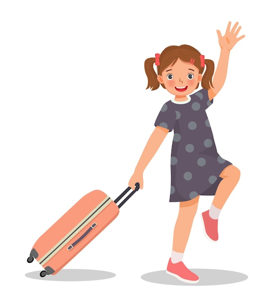 Cute little girl with suitcase feeling excited going traveling on summer vacation waving hand