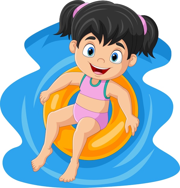 Милая маленькая девочка в купальнике, плавающая на надувном кольце