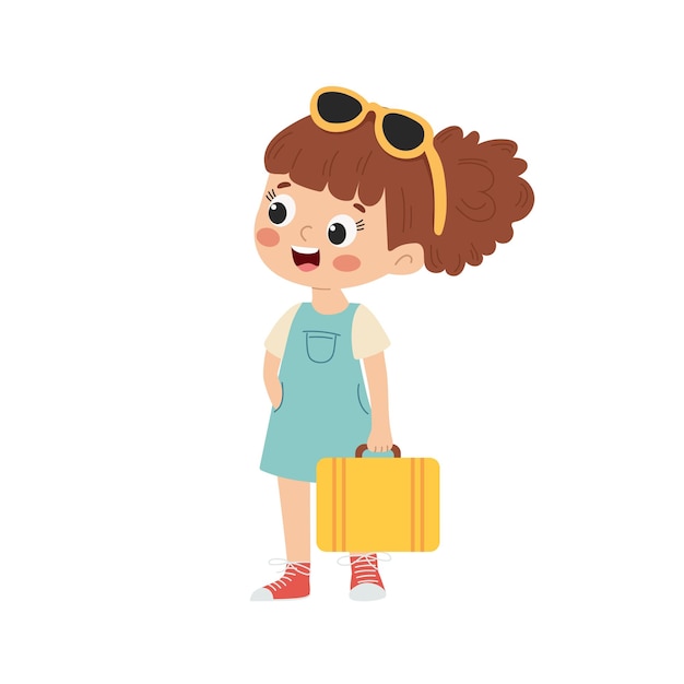 Cute little girl with travel suitcase cartoon vector illustration isolated on white background