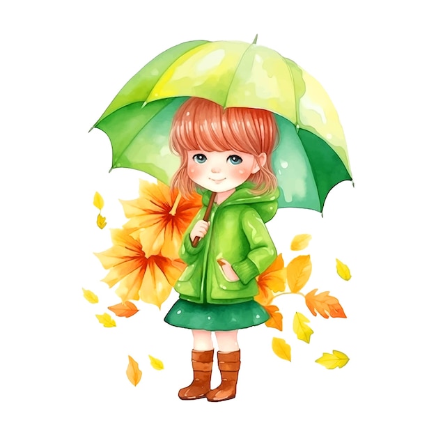 Cute little girl with umbrella and flowers watercolor paint