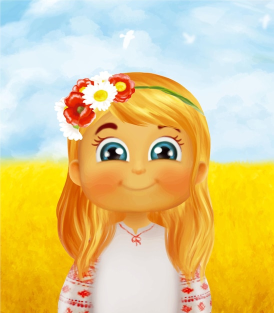Вектор Милая маленькая девочка с венком на голове и вышитой рубашкой