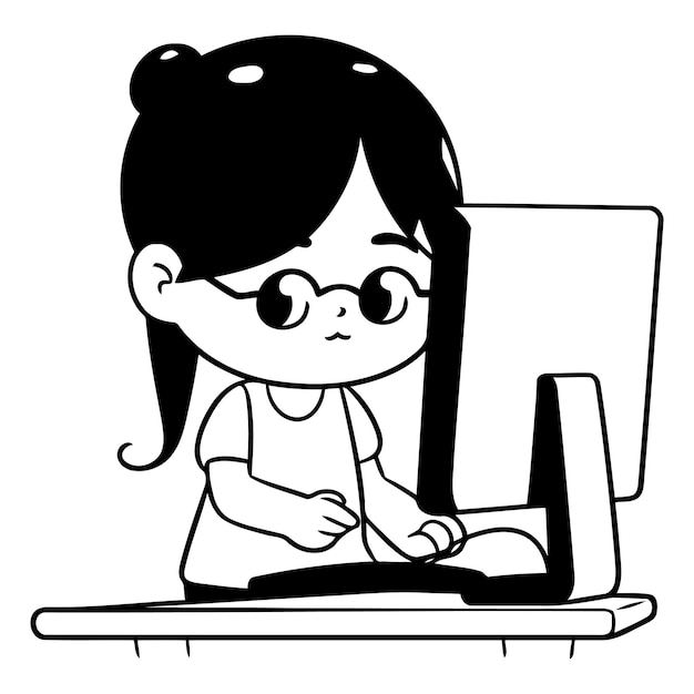 Cute little girl working on computer in cartoon style