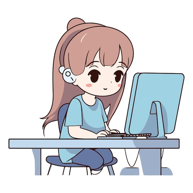 Cute little girl working with computer at home
