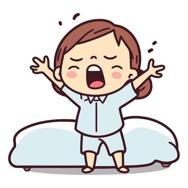 Vector cute little girl yawning and stretching on pillow