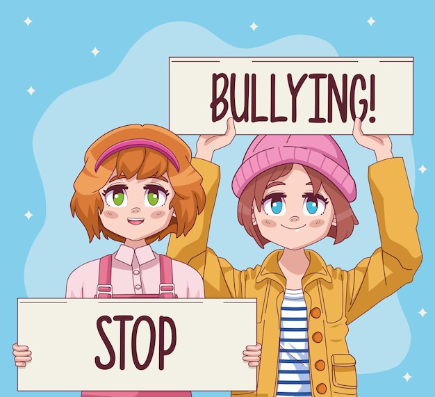 Cute little girls couple with stop bullying protest banners comic manga characters  illustration