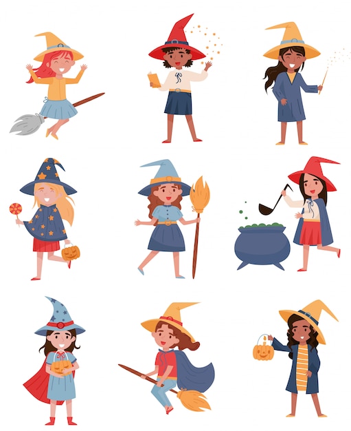 Cute little girls dressed as a witches set, halloween party concept  illustrations on a white background