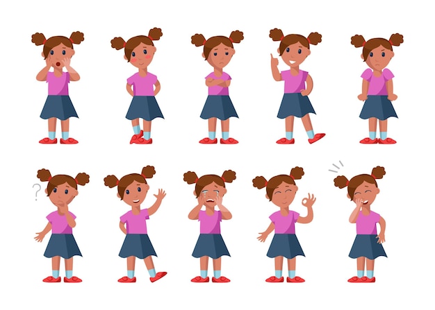 Cute little girls face emotions and expressions cartoon vector illustration set. kid character standing in different poses happy, sad, angry, surprised, crying, smiling, laughing, confused