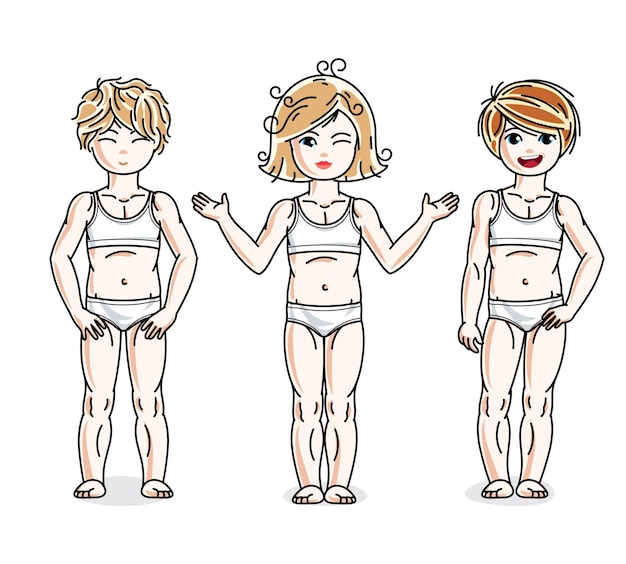 Vector cute little girls standing in white underwear. vector diversity kids illustrations set.