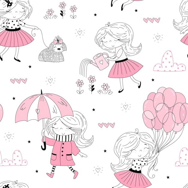 Cute bambine vector seamless pattern illustration