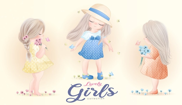 Cute little girls with watercolor illustration set