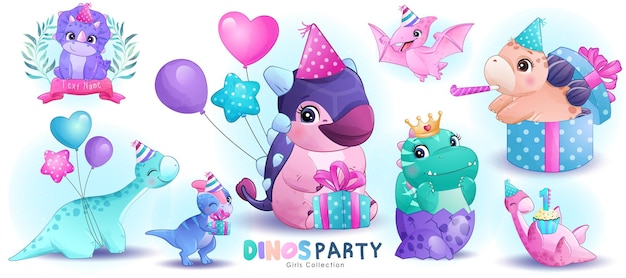 Simpatica piccola festa di compleanno di dinosauro girly con illustrazione ad acquerello