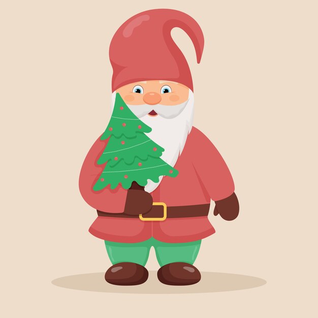 彼の手にクリスマスツリーを持つかわいい小さなノーム。クリスマスと新年のキャラクター。