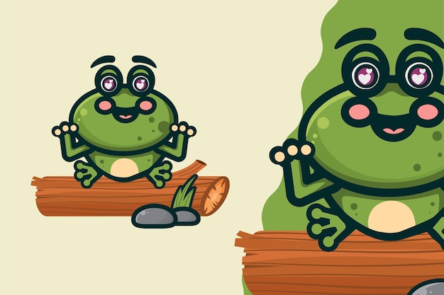 Vector cute little green frog on branch cartoon character