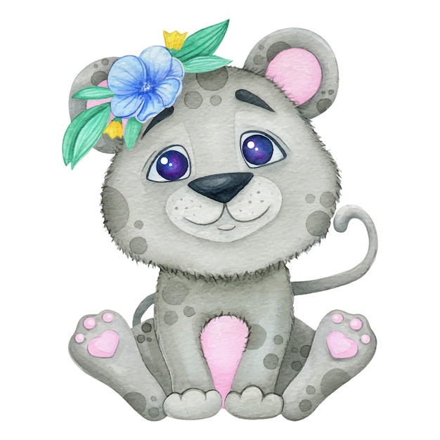 Cute little grey lion with flower wreath. Watercolor illustration
