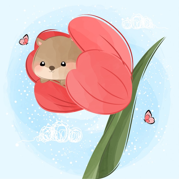 Cute little hamster in a tulip illustration