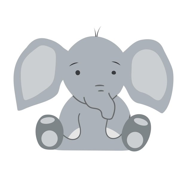 Simpatico elefantino disegnato a mano in stile cartone animato piatto infantile illustrazione del bambino di un elefante seduto grafica vettoriale di animale con tronco isolato su sfondo bianco