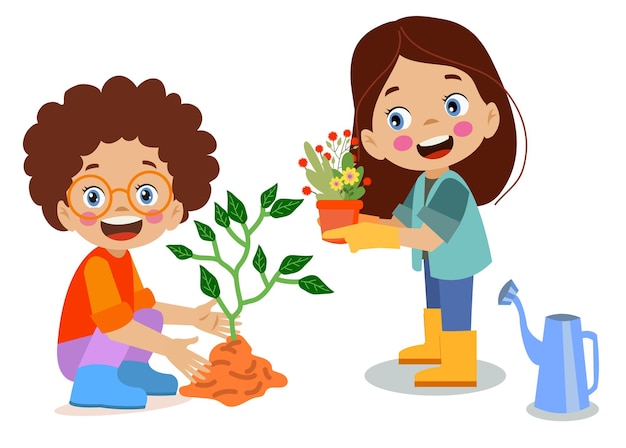 Vector cute little happy boy planting a sapling