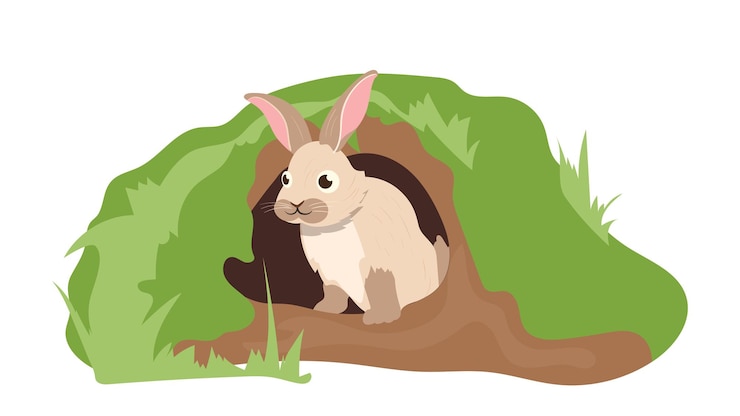 Vector cute little hare cartoon character living in burrow hidden under grass in ground isolated on white