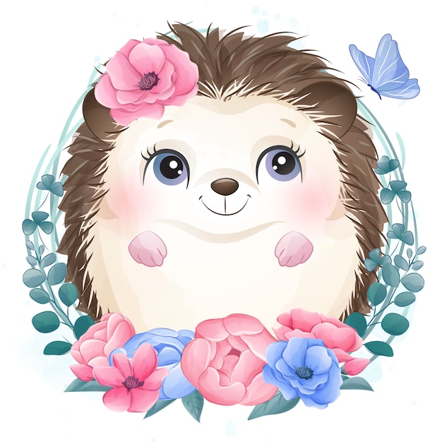 Cute little hedgehog portrait with floral