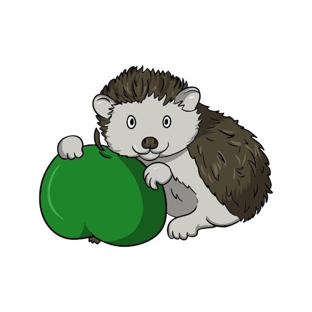 Vector cute little hedgehog with a green apple vector cartoon