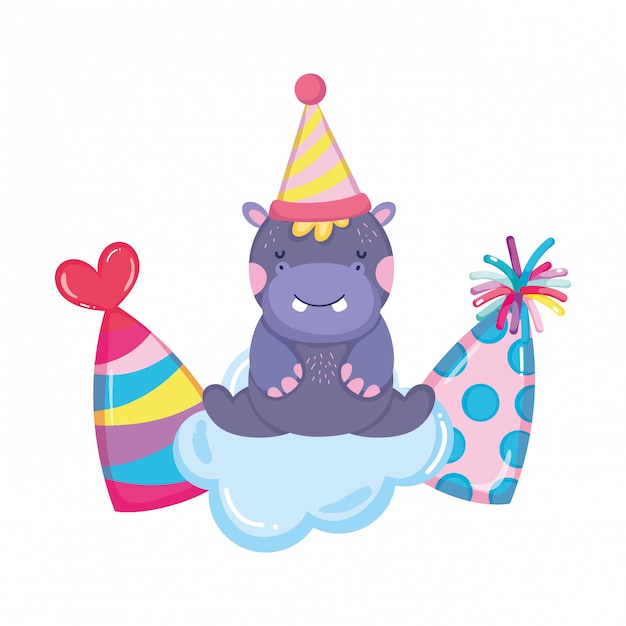 파티 모자와 귀엽고 작은 하마 캐릭터