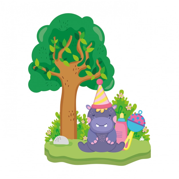 Cute and little hippo character with party hat