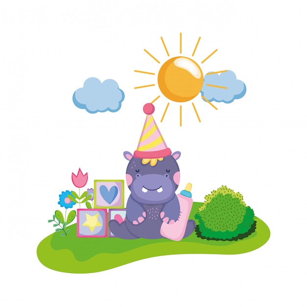 Cute and little hippo character with party hat