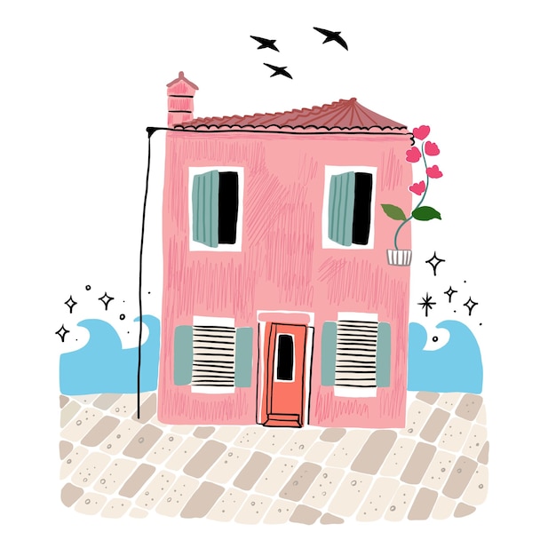 Vector cute little house by the sea