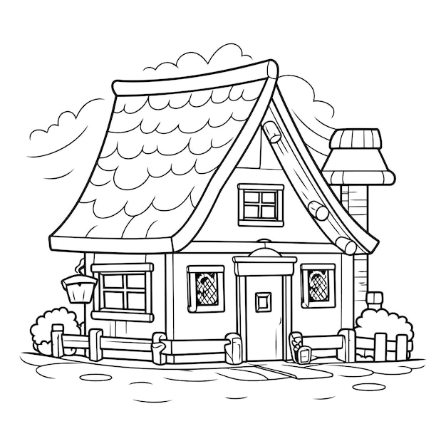 cute little house cartoon vector illustration graphic design in black and white