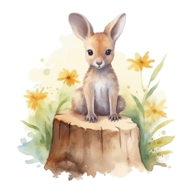 Милый маленький мультфильм кенгуру на пне в стиле акварельной живописи