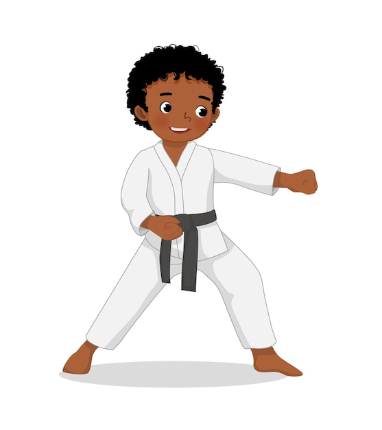 Vector cute little karate kid african boy showing hand defense poses in martial art training practice