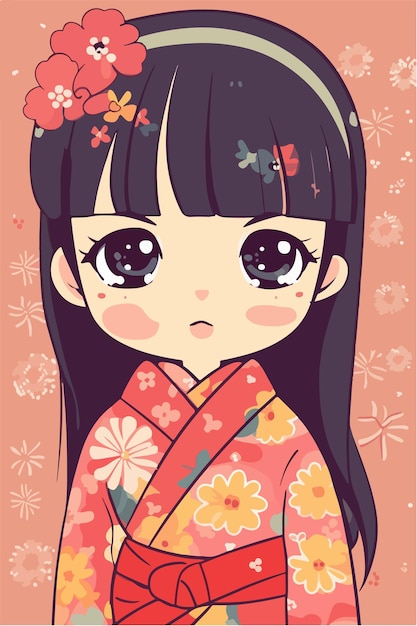 Cute little kawaii girl illustration flat colors vector illustration digital art anime isolated