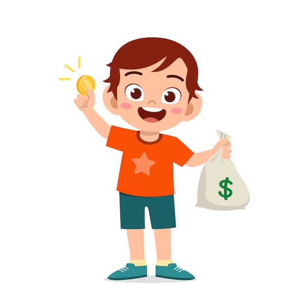 Cute little kid boy carry bag of cash and coin