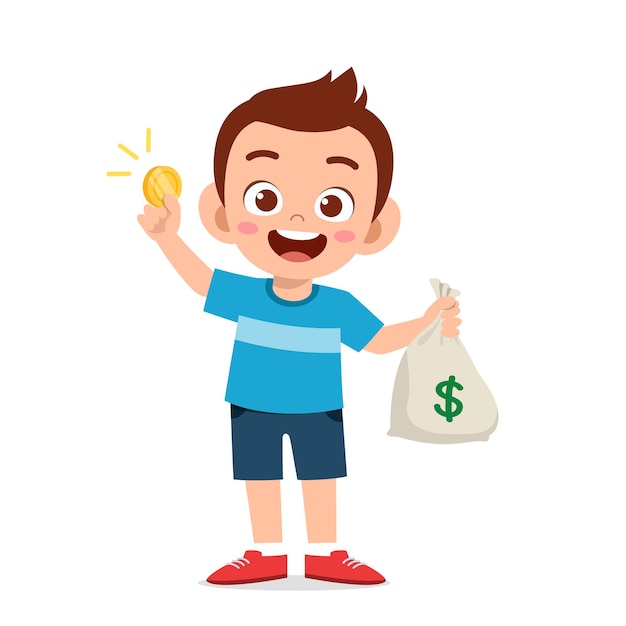 Cute little kid boy carry bag of cash and coin