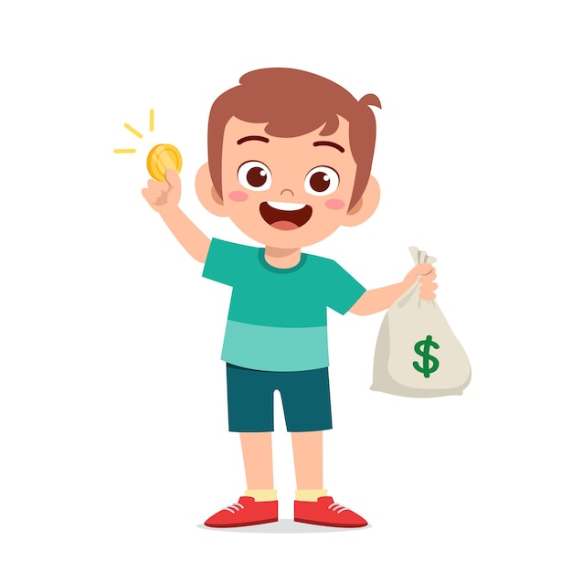 Cute little kid boy carry bag of cash and coin