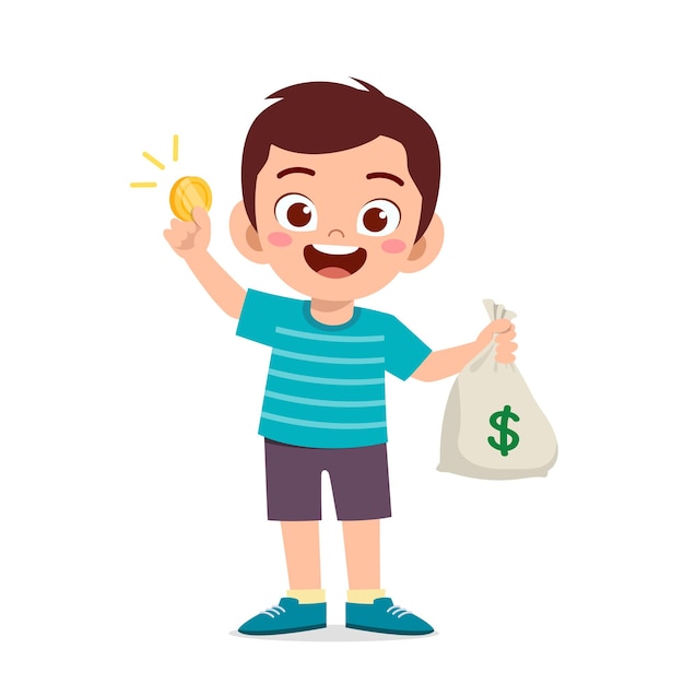 Милый маленький мальчик носит сумку с деньгами и монетами