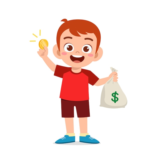 Cute little kid boy carry bag of cash and coin