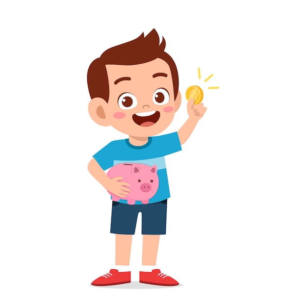 Cute little kid boy carry piggy bank and golden coin