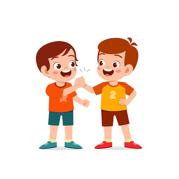 Vector cute little kid boy holding hand with his friend