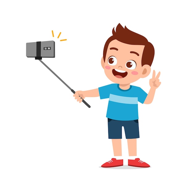 Vector cute little kid boy pose and selfie in front of camera