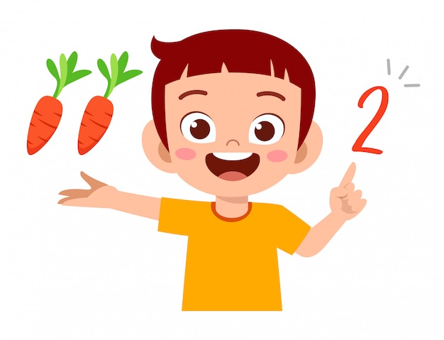 Cute little kid boy study math number count vegetable