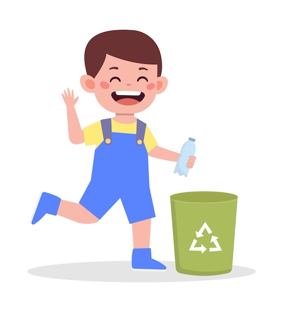 Cute little kid boy throw trash cartoon illustration