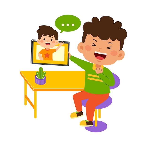 かわいい小さな子供男の子はグラフィック タブレットを使用します。